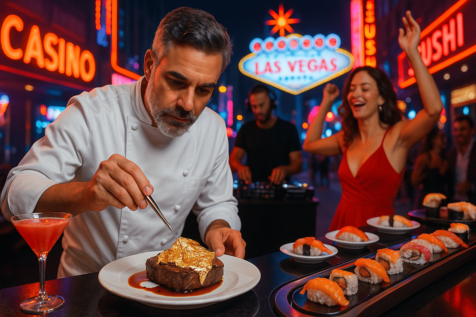 Celebrity chef serving gold-leaf steak in a neon-lit Las Vegas food and nightlife scene with music and sushi