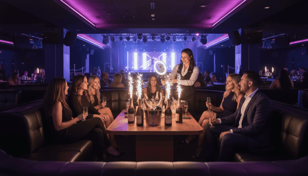 Social media creator capturing VIP bottle service and upscale nightlife experience at Las Vegas strip club.