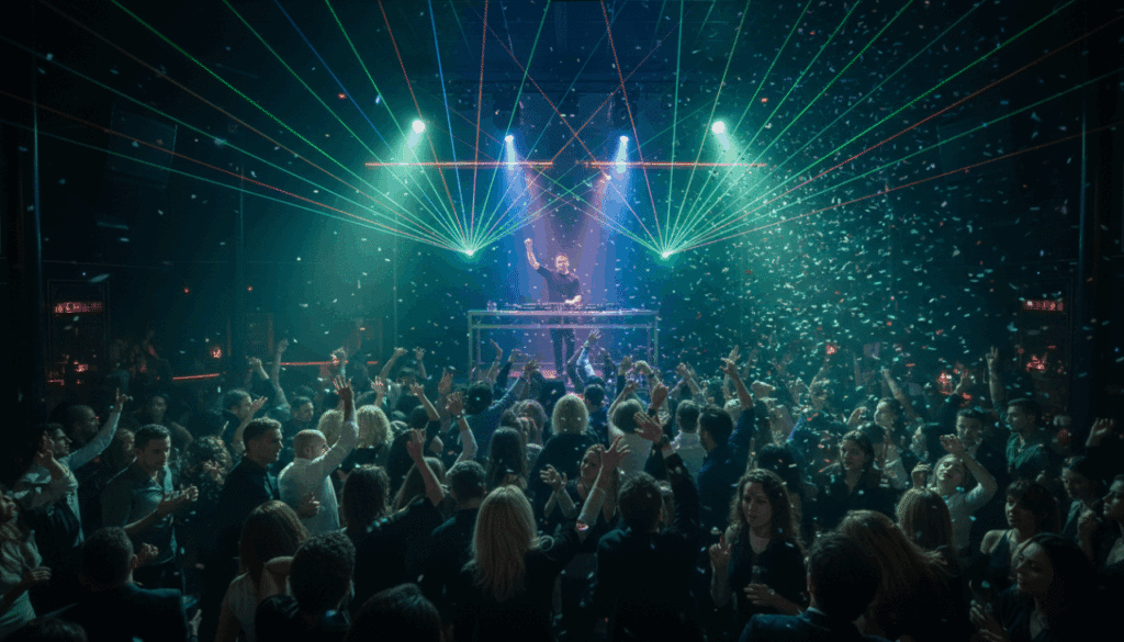 High-energy Las Vegas nightclub with packed dance floor, DJ booth, and bright lighting.