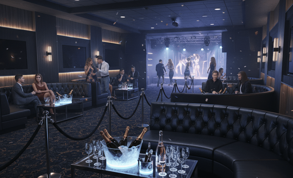 The VIP lounge at Spearmint Rhino Las Vegas featuring bottle service and upscale seating for guests arriving via free transportation.