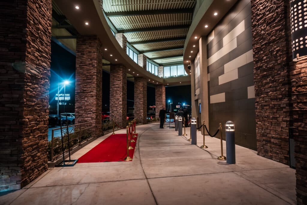 Spearmint Rhino Las Vegas exterior entrance near the Strip at night